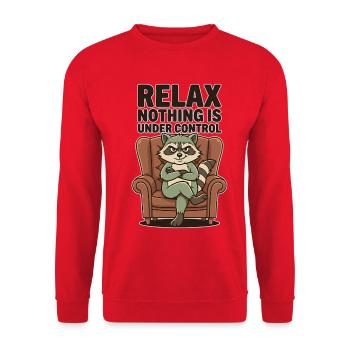 Waschbär-Entspannung: Nichts ist unter Kontrolle - Unisex Pullover - Rot - Vorne - Alina (178cm) & Michal (187cm)