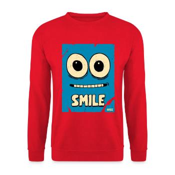 Lachendes Blaues Cartoon-Gesicht - Unisex Pullover - Rot - Vorne - Alina (178cm) & Michal (187cm)