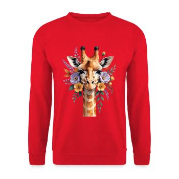 Giraffe mit Blütenkranz - Unisex Pullover - Rot - Vorne - Alina (178cm) & Michal (187cm)