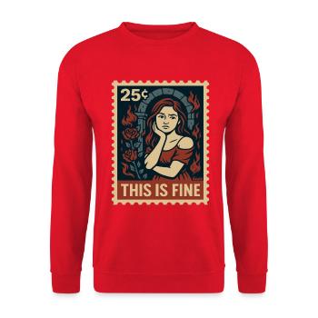 This Is Fine Briefmarke mit Flammen - Unisex Pullover - Rot - Vorne - Alina (178cm) & Michal (187cm)