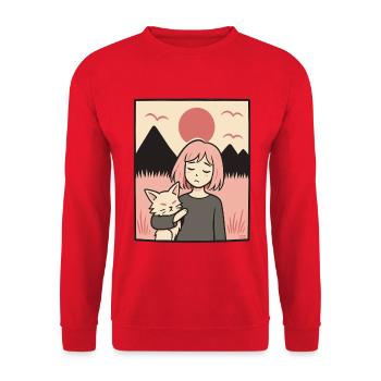 Girl with cat in front of mountains - Unisex Sweatshirt - red - Front - Alina (178cm) & Michal (187cm)