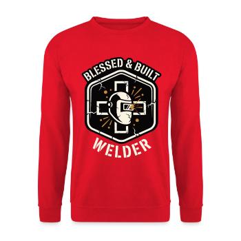 Built Welder Motiv - Unisex Pullover - Rot - Vorne - Alina (178cm) & Michal (187cm)