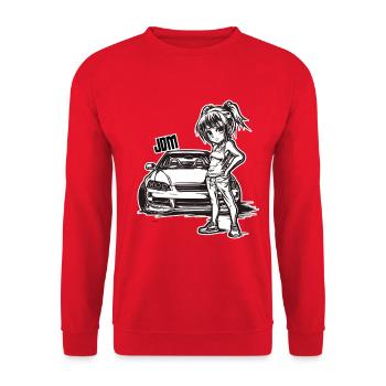 JDM anime girl with car line art - Unisex Sweatshirt - red - Front - Alina (178cm) & Michal (187cm)