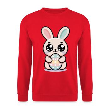 Osterhase Shirt – Süßer Hase mit Osterei - Unisex Pullover - Rot - Vorne - Alina (178cm) & Michal (187cm)
