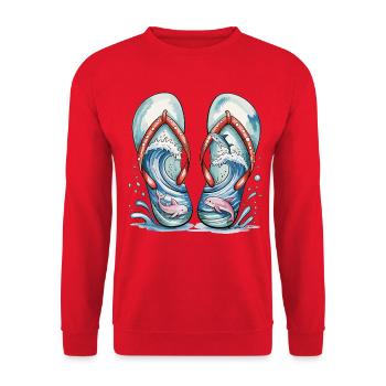 Flip Flops Meer Shirt – Sommer Strand T-Shirt - Unisex Pullover - Rot - Vorne - Alina (178cm) & Michal (187cm)