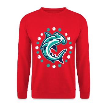 Hai Motiv Grafik im Ozean Look - Unisex Pullover - Rot - Vorne - Alina (178cm) & Michal (187cm)