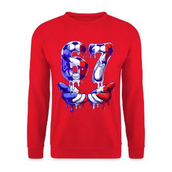 Fußball 67 Meme für Jungen Kinder 67 sechs sieben 6 7 - Unisex Pullover - Rot - Vorne - Alina (178cm) & Michal (187cm)