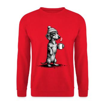 Vintage Dachshund with Coffee & Hat - Unisex Sweatshirt - red - Front - Alina (178cm) & Michal (187cm)