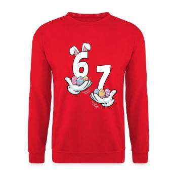 Ostern 67 mit Hasenohren - Unisex Pullover - Rot - Vorne - Alina (178cm) & Michal (187cm)