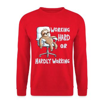 Working Hard Faultier Büro Arbeit  - Unisex Pullover - Rot - Vorne - Alina (178cm) & Michal (187cm)