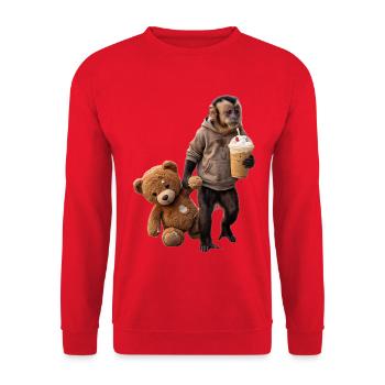Affe Teddybär Eiskaffee Motiv - Unisex Pullover - Rot - Vorne - Alina (178cm) & Michal (187cm)
