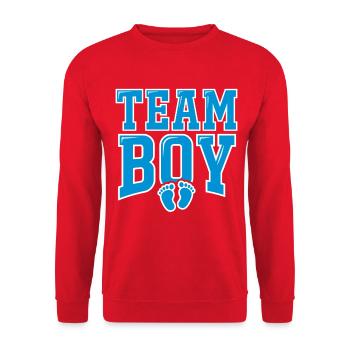 TEAM BOY Typografie mit Fußspuren - Unisex Pullover - Rot - Vorne - Alina (178cm) & Michal (187cm)