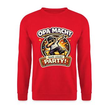 Opa macht heute wieder Party lustiger Spruch - Unisex Pullover - Rot - Vorne - Alina (178cm) & Michal (187cm)