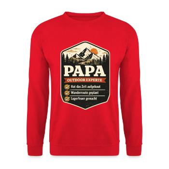Papa Outdoor Experte Camping Badge Spruch - Unisex Pullover - Rot - Vorne - Alina (178cm) & Michal (187cm)