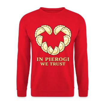 In Pierogi vertrauen wir dem lustigen polnischen Food-Design - Unisex Pullover - Rot - Vorne - Alina (178cm) & Michal (187cm)