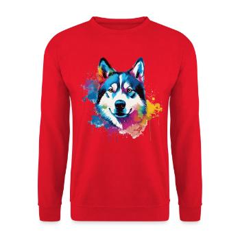 Bunter Husky Splash Art Hund - Unisex Pullover - Rot - Vorne - Alina (178cm) & Michal (187cm)