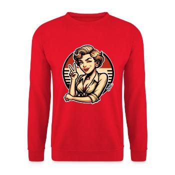 Retro-Pinup zwinkernde Peace-Zeichen-Kunst - Unisex Pullover - Rot - Vorne - Alina (178cm) & Michal (187cm)