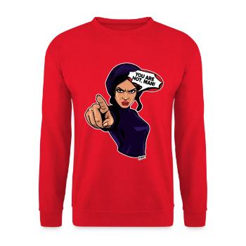 Pop-Art Heldin Direktansage - Du bist heiß, Mann - Unisex Pullover - Rot - Vorne - Alina (178cm) & Michal (187cm)
