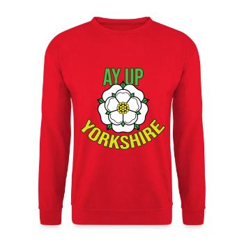 Ay Up Yorkshire Flag Yorkshire Saying Funny - Unisex Sweatshirt - red - Front - Alina (178cm) & Michal (187cm)