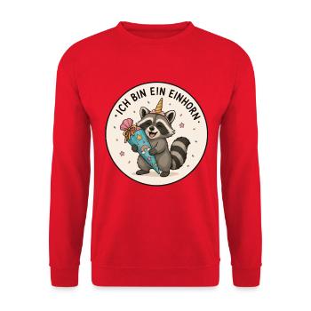 Waschbär mit Schultüte Einhorn - Unisex Pullover - Rot - Vorne - Alina (178cm) & Michal (187cm)