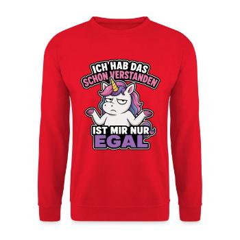 Gelangweiltes Einhorn Spruchmotiv - Unisex Pullover - Rot - Vorne - Alina (178cm) & Michal (187cm)