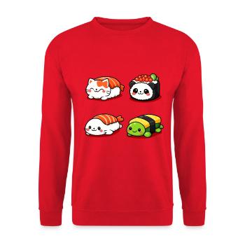 Kawaii Sushi Tierchen Parade - Unisex Pullover - Rot - Vorne - Alina (178cm) & Michal (187cm)