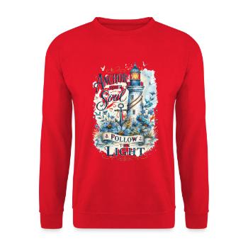 Anchor Your Soul – Leuchtturm Aquarell - Unisex Pullover - Rot - Vorne - Alina (178cm) & Michal (187cm)