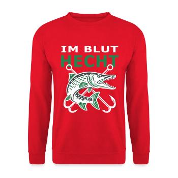 Hecht im Blut – Hechtangler Raubfisch Motiv - Unisex Pullover - Rot - Vorne - Alina (178cm) & Michal (187cm)
