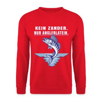 Kein Zander nur Anglerlatein – Angler Spruch - Unisex Pullover - Rot - Vorne - Alina (178cm) & Michal (187cm)