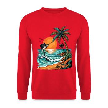 Sonnenuntergang Insel mit Palmen und Meer Strand - Unisex Pullover - Rot - Vorne - Alina (178cm) & Michal (187cm)