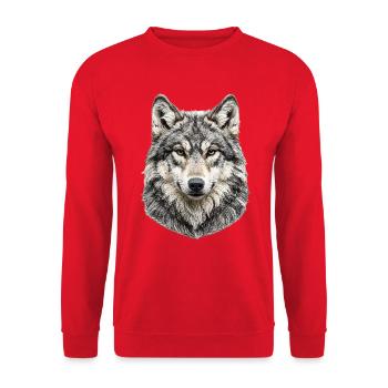 Wolfkopf Porträt aus Wolle der Wolf - Unisex Pullover - Rot - Vorne - Alina (178cm) & Michal (187cm)