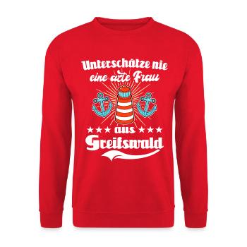 Greifswald Frau Greifswalderin - Unisex Pullover - Rot - Vorne - Alina (178cm) & Michal (187cm)