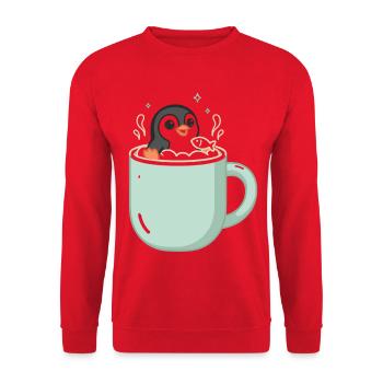 Pinguin In Tasse Mit Fischmotiv - Unisex Pullover - Rot - Vorne - Alina (178cm) & Michal (187cm)
