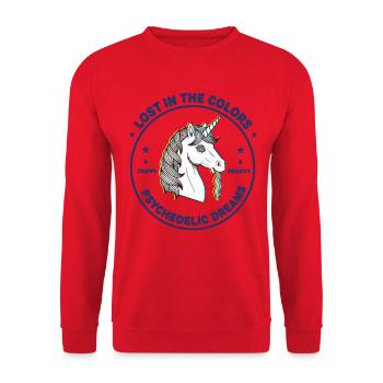Psychedelisches Musikfestival verloren in den Farben Träume - Unisex Pullover - Rot - Vorne - Alina (178cm) & Michal (187cm)