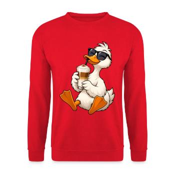 Ente mit Latte Macchiato - Unisex Pullover - Rot - Vorne - Alina (178cm) & Michal (187cm)