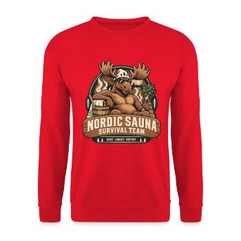 Nordic Sauna Survival Team Elch Humor - Unisex Pullover - Rot - Vorne - Alina (178cm) & Michal (187cm)
