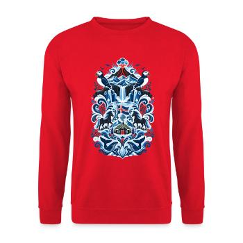 Island | Puffins, Vulkan & Nordmeer - Unisex Pullover - Rot - Vorne - Alina (178cm) & Michal (187cm)