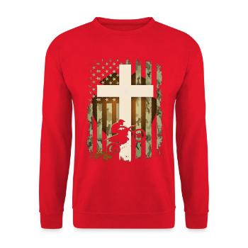 Patriotische Dirtbike-Tarnflagge - Unisex Pullover - Rot - Vorne - Alina (178cm) & Michal (187cm)