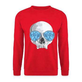 Schädel mit blauen Spiegelsonnenbrillen - Unisex Pullover - Rot - Vorne - Alina (178cm) & Michal (187cm)