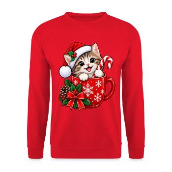 Kätzchen in Weihnachtstasse & Zuckerstange - Unisex Pullover - Rot - Vorne - Alina (178cm) & Michal (187cm)