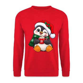 Süßer Pinguin mit Weihnachtsmütze & Kakao - Unisex Pullover - Rot - Vorne - Alina (178cm) & Michal (187cm)
