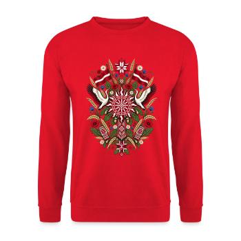 Lettland | Volkskunst, Störche & Eichen - Unisex Pullover - Rot - Vorne - Alina (178cm) & Michal (187cm)