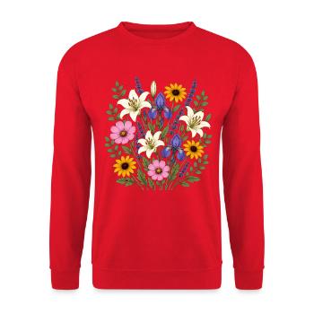 Weisse Lilie violette Iris Lavendel Cottagecore - Unisex Pullover - Rot - Vorne - Alina (178cm) & Michal (187cm)
