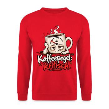 Lustiges Kaffeemotiv - Kaffeepegel kritisch   - Unisex Pullover - Rot - Vorne - Alina (178cm) & Michal (187cm)