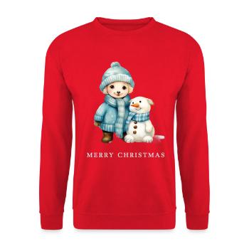 Süßer Hund mit Schneemann Weihnachten Merry Xmas - Unisex Pullover - Rot - Vorne - Alina (178cm) & Michal (187cm)