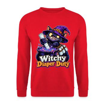 Witchy Diaper Duty Hexenkatze Halloween Papa - Unisex Pullover - Rot - Vorne - Alina (178cm) & Michal (187cm)