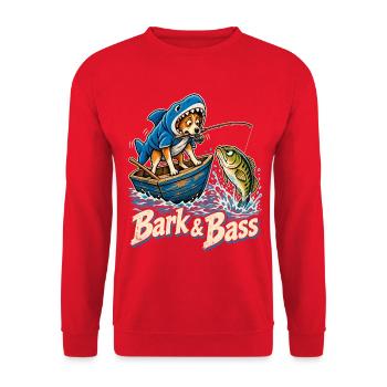 Bark & Bass Hund im Hai-Kostüm beim Angeln - Unisex Pullover - Rot - Vorne - Alina (178cm) & Michal (187cm)