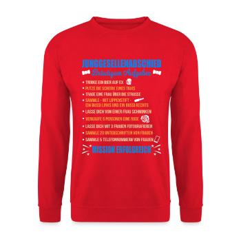 Junggesellenabschied Aufgaben Bräutigam Checkliste - Unisex Pullover - Rot - Vorne - Alina (178cm) & Michal (187cm)