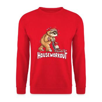 Houseworkout Faultier Staubsauger Hausarbeit Humor - Unisex Pullover - Rot - Vorne - Alina (178cm) & Michal (187cm)