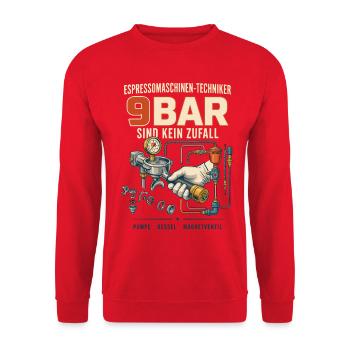 9BAR Espresso Technik Motiv - Unisex Pullover - Rot - Vorne - Alina (178cm) & Michal (187cm)